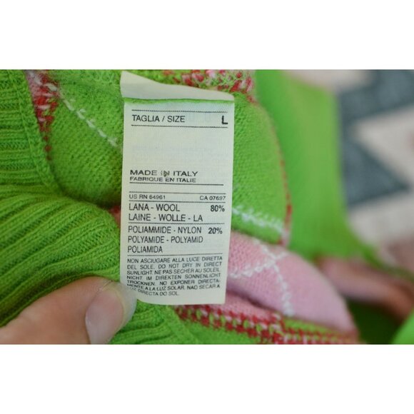 Vintage y2k Argyle Sweater Green Pink Wool Made In Italy Preppy Juniors Large - Picture 6 of 9